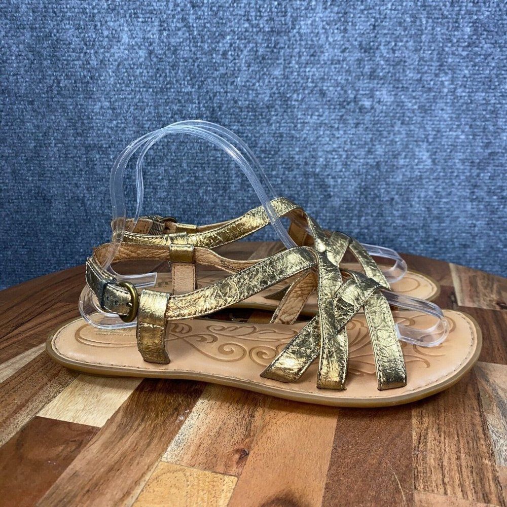 Born Sandals Womens 9 Gold Leather Ankle Strap Strappy Buckle Open Toe